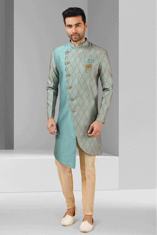 Men's Rama Green Art Silk Printed Work Indo Western Set