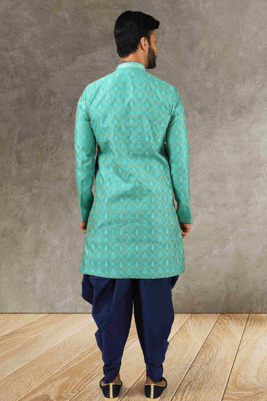 Men's Rama Green Jacquard Silk Brocade Pintux Work Indo Western Set