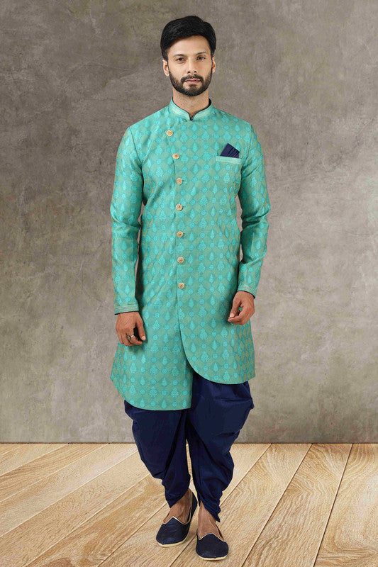 Men's Rama Green Jacquard Silk Brocade Pintux Work Indo Western Set