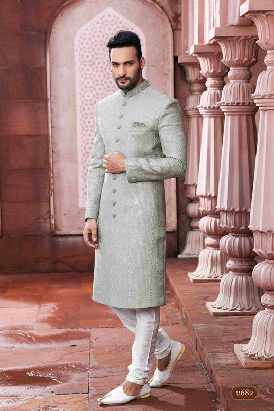 Men's Sea Green Art Silk Thread Work Sherwani Set