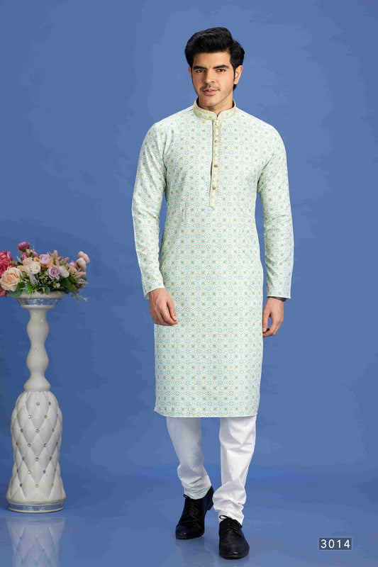 Men's Sea Green Cotton Embroidery Collar Neck Pajama Set