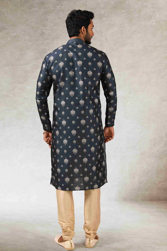 Men's Teal Green Art Silk Printed Work Kurta Pajama Set