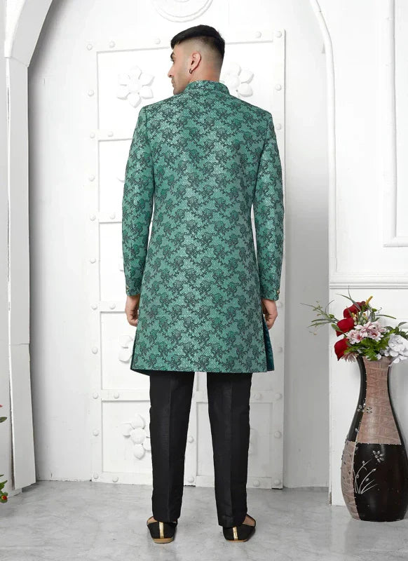 Men's Teal Green Jacquard Silk Embroidery Indo Western Set