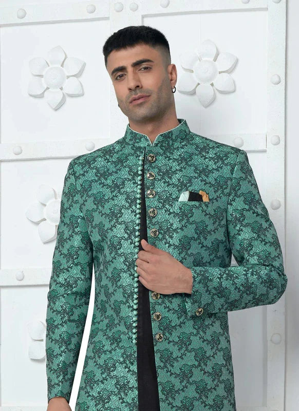 Men's Teal Green Jacquard Silk Embroidery Indo Western Set