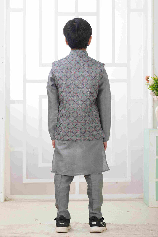 Boy's Dark Grey Art Silk Embroidery Jacket Set