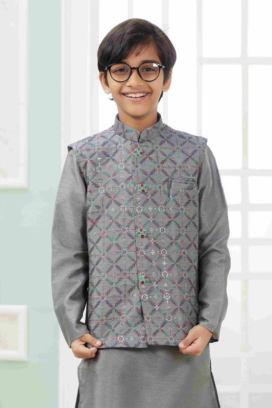 Boy's Dark Grey Art Silk Embroidery Jacket Set