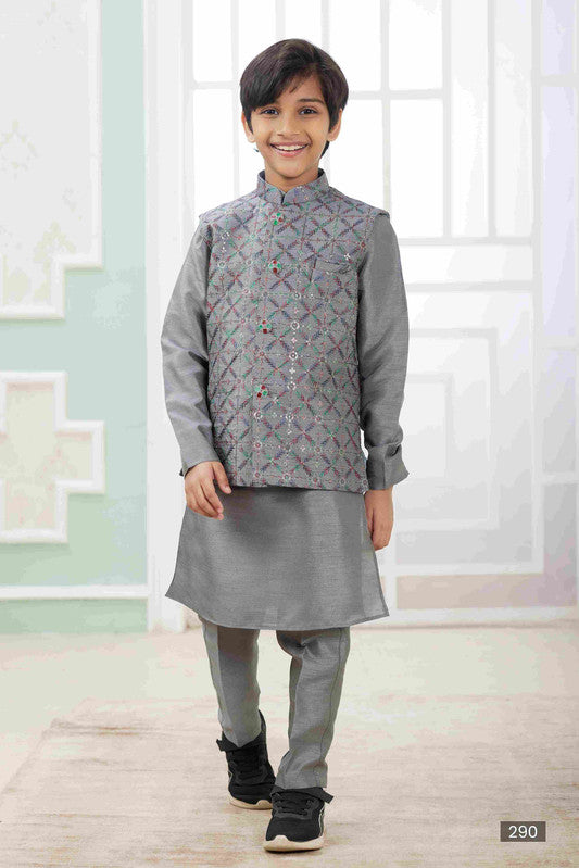 Boy's Dark Grey Art Silk Embroidery Jacket Set