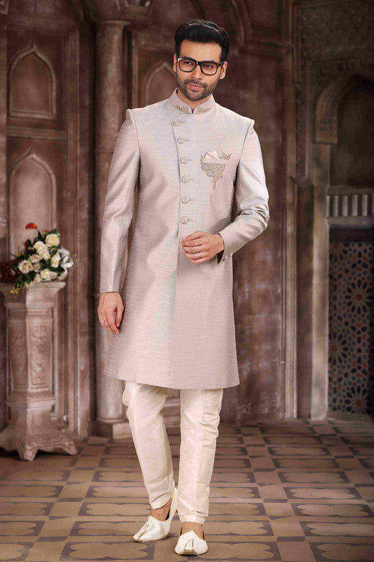 Men's Art Silk Embroidery Work Sherwani In Light Grey Colour