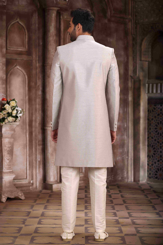 Men's Art Silk Embroidery Work Sherwani In Light Grey Colour