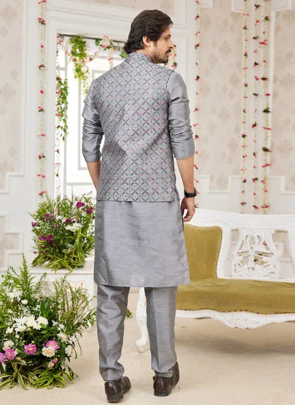 Men's Dark Grey Art Silk Embroidery Work Jacket Set