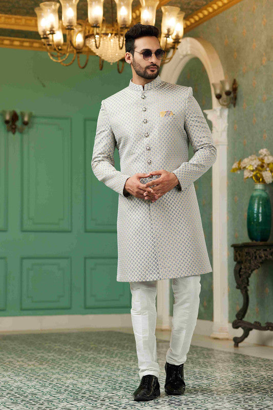 Men's Grey Jacquard Silk Embroidery Sherwani Set
