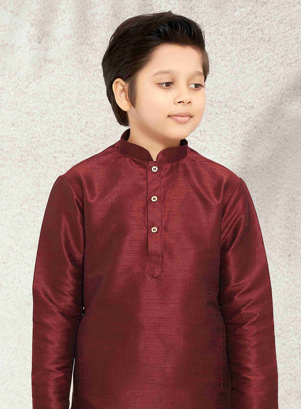 Boy's Maroon Art Banarasi Silk Solid Kurta Set