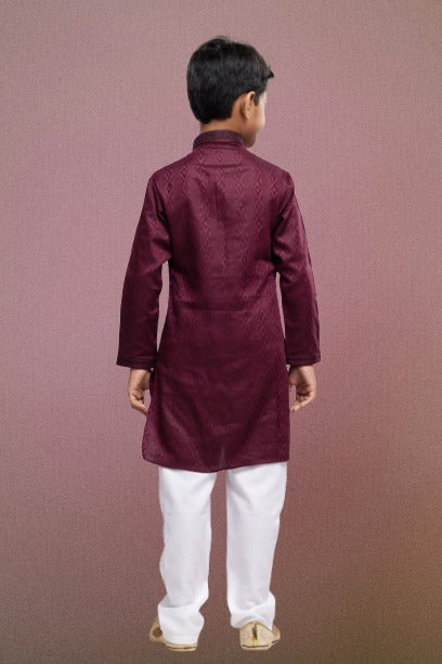 Boy's Maroon Art Silk Thread Work Kurta Set