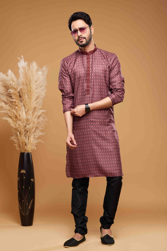 Men's Art Silk Digital Print Pintux Work Kurta Pajama In Maroon Colour