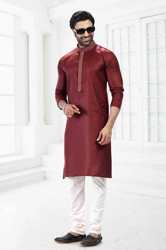 Men's Maroon Linen Cotton Thread Work Collar Neck Pajama Set