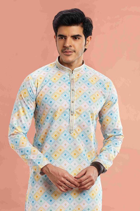 Men's Multi Color Cotton Thread Work Collar Neck Pajama Set