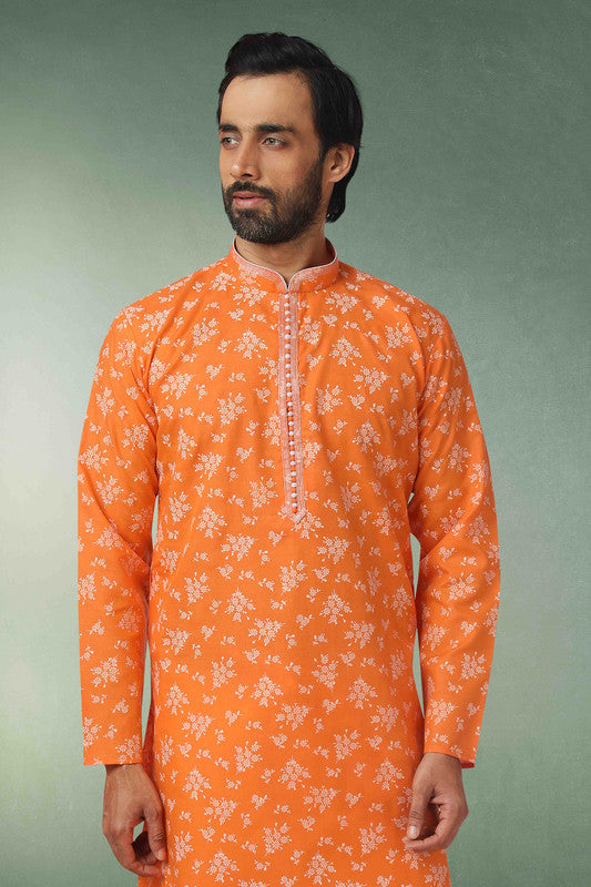 Men's Cotton Printed Work Kurta Pajama In Orange Colour