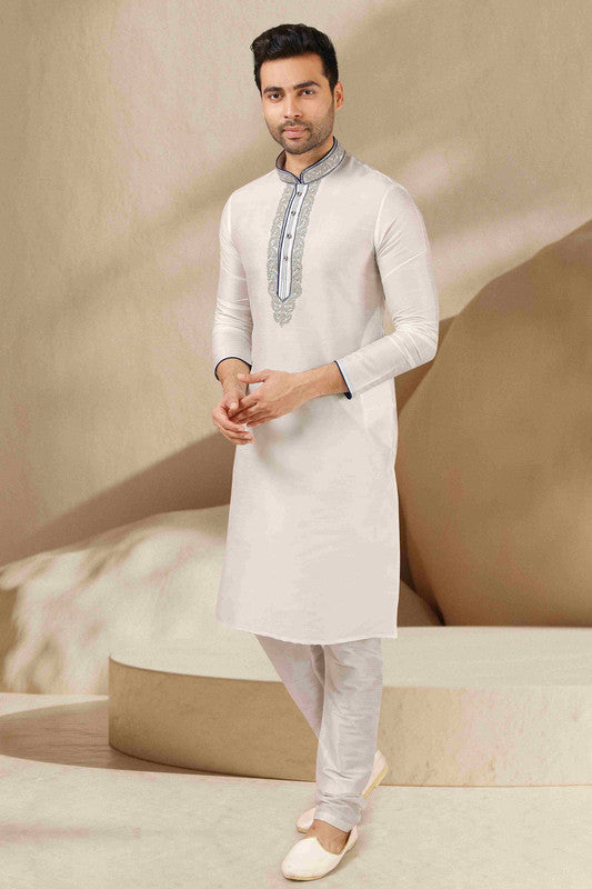 Men's Banarasi Art Silk Mirror Work Kurta Pajama In Off White Colour