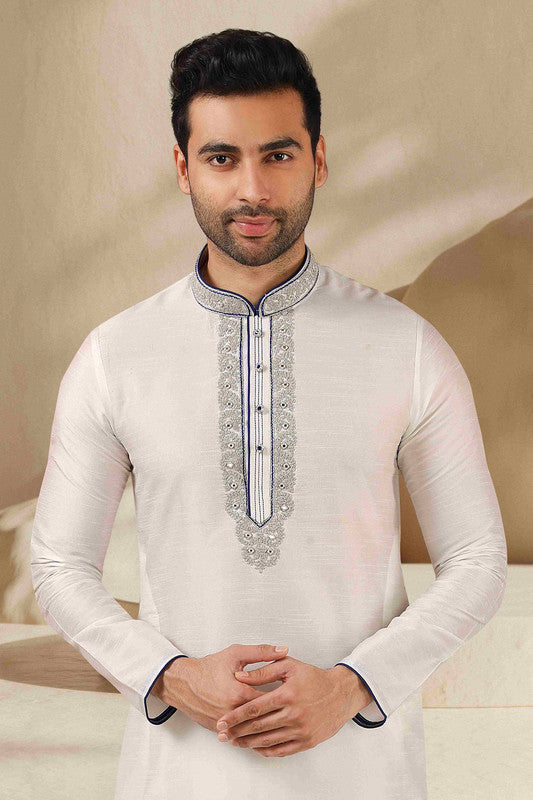 Men's Banarasi Art Silk Mirror Work Kurta Pajama In Off White Colour
