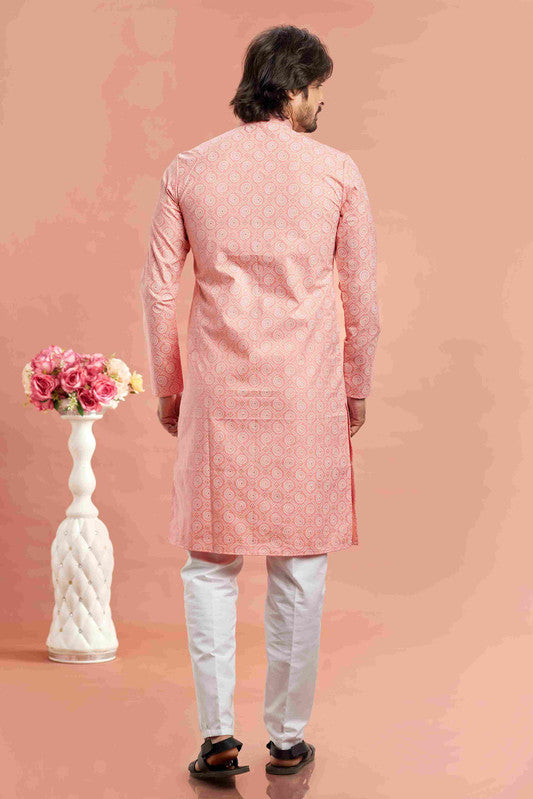 Men's Orange Cotton Thread Work Collar Neck Pajama Set