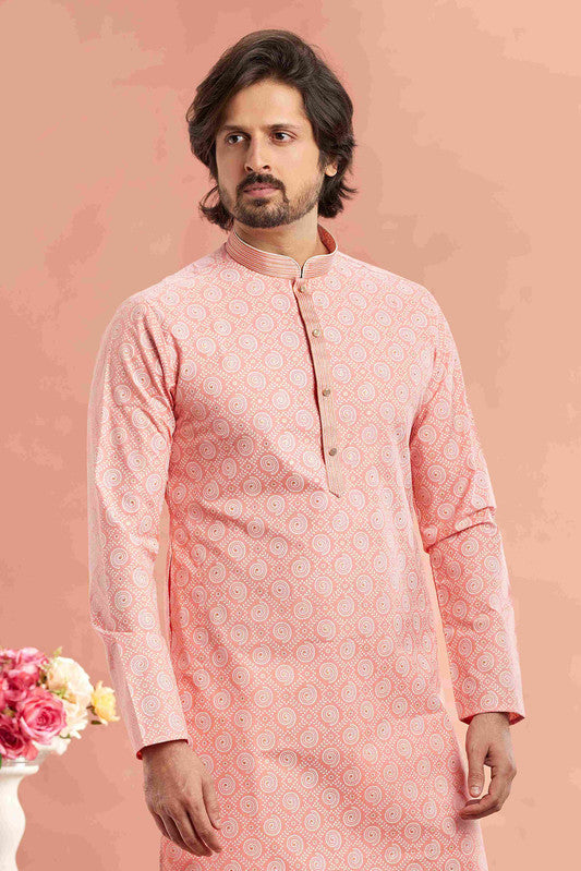 Men's Orange Cotton Thread Work Collar Neck Pajama Set