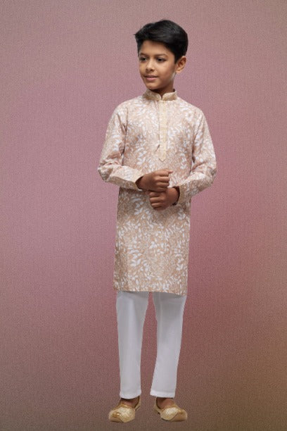 Boy's Peach Cotton Thread Work Kurta Set