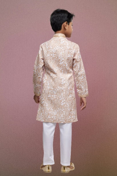 Boy's Peach Cotton Thread Work Kurta Set