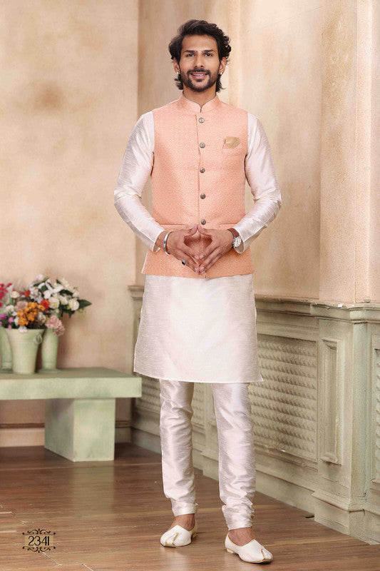 Men's Jacquard Banarasi Silk Woven Work 3 Pics Jacket Set In Peach Colour