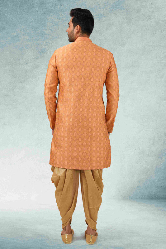 Men's Peach Jacquard Silk Brocade Pintux Work Indo Western Set