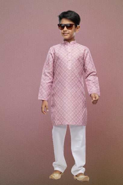 Boy's Onion Pink Cotton Digital Print Kurta Set