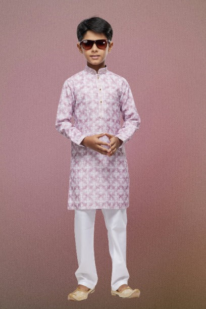 Boy's Pink Cotton Thread Work Kurta Set