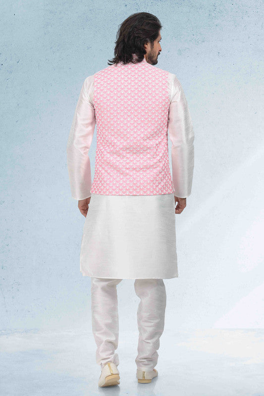 Men's Art Banarasi Silk Thread Work 3 Pics Jacket Set In Pink Colour