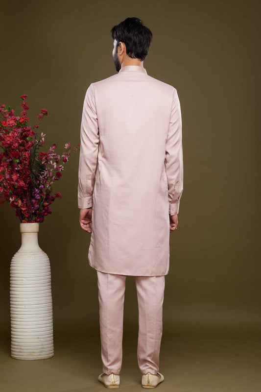Men's Art Banarasi Silk Thread Work Kurta Pajama In Pink Colour