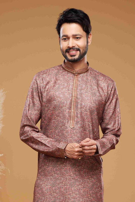 Men's Art Silk Digital Print Pintux Work Kurta Pajama In Onion Pink Colour