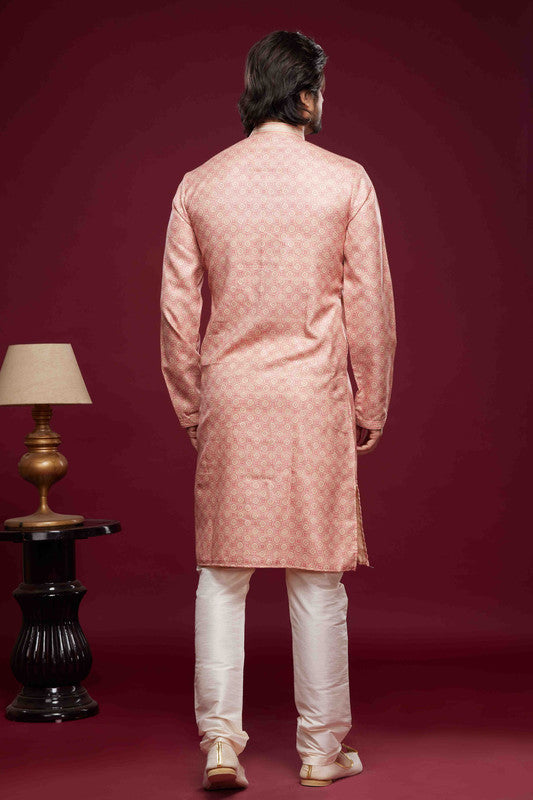 Men's Art Silk Digital Print Pintux Work Kurta Pajama In Pnk Colour
