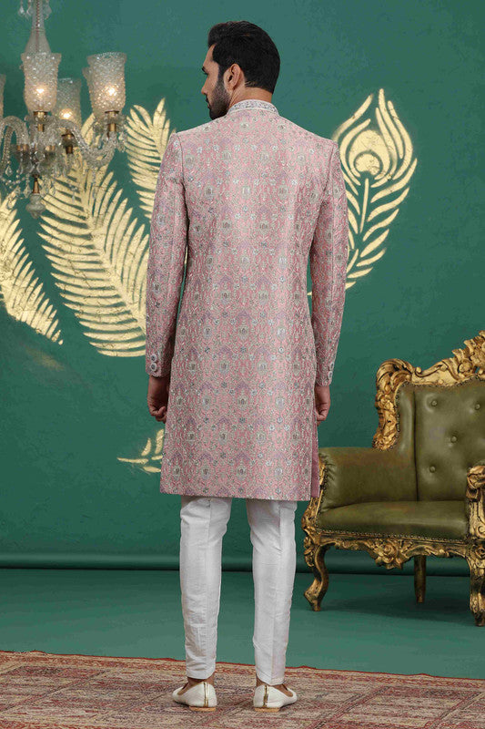 Men's Art Silk Thread Work Sherwani Set In Onion Pink Color