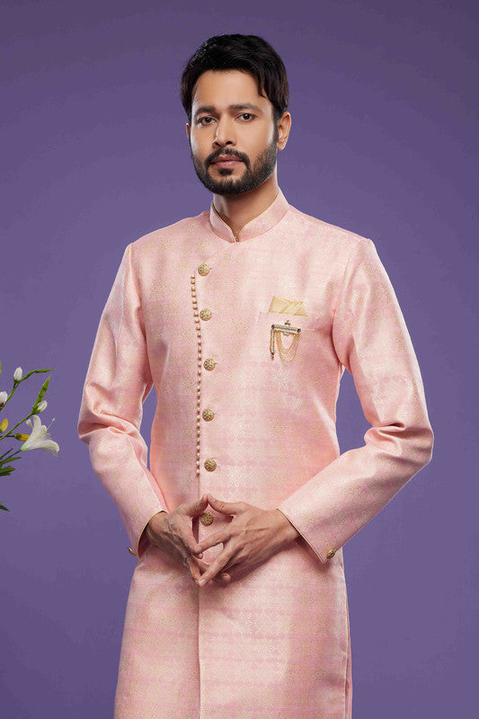 Men's Banarasi Jacquard Embroidery Semi Indo Western Sherwani In Pink Colour