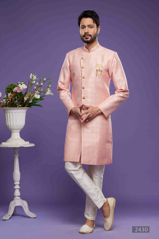 Men's Banarasi Jacquard Embroidery Semi Indo Western Sherwani In Pink Colour