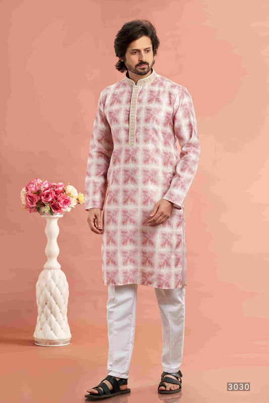 Men's Dusty Pink Cotton Thread Work Collar Neck Pajama Set