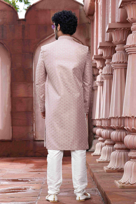 Men's Onion Pink Art Silk Thread Work Sherwani Set