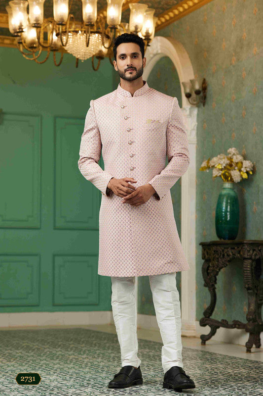 Men's Onion Pink Jacquard Silk Embroidery Sherwani Set