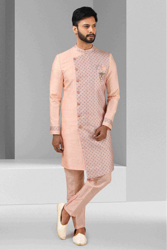 Men's Pink Art Silk Printed Work Indo Western Set