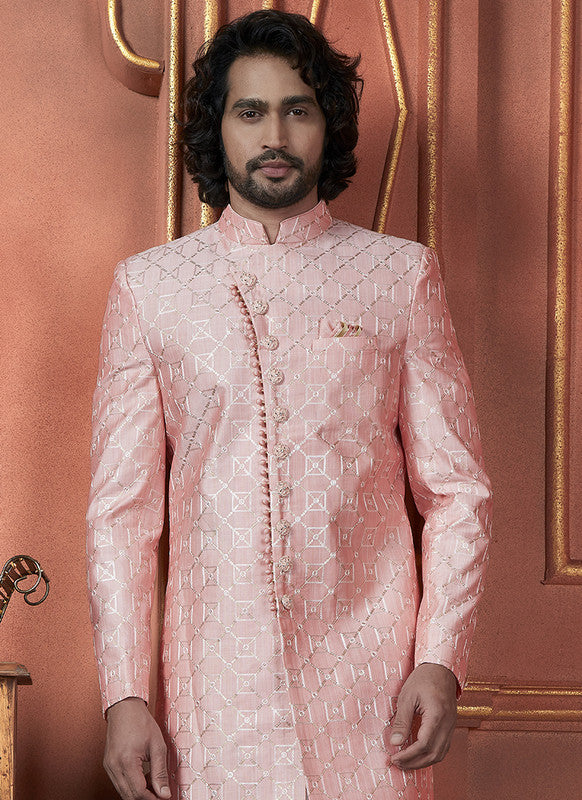 Men's Pink Art Silk Thread Work Indo Western Set