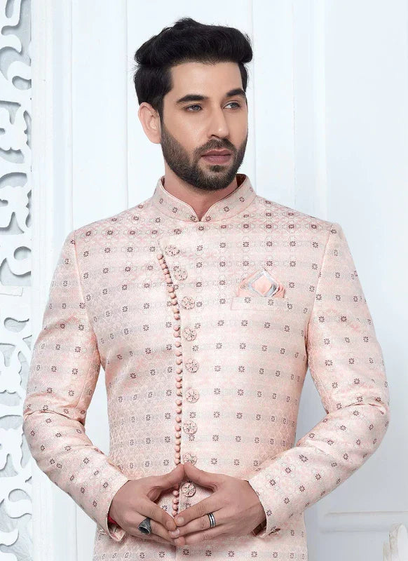 Men's Pink Jacquard Silk Embroidery Indo Western Set