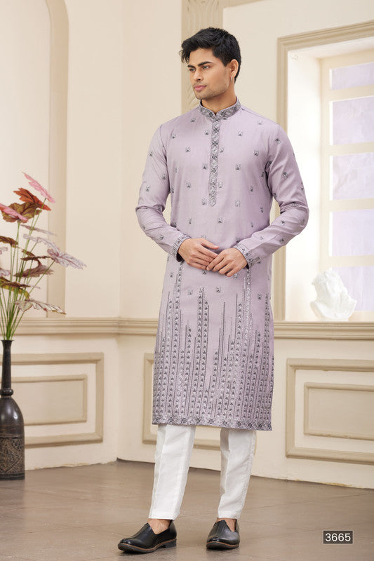 Men's Art Silk Thread Work Kurta Pajama In Purple Colour