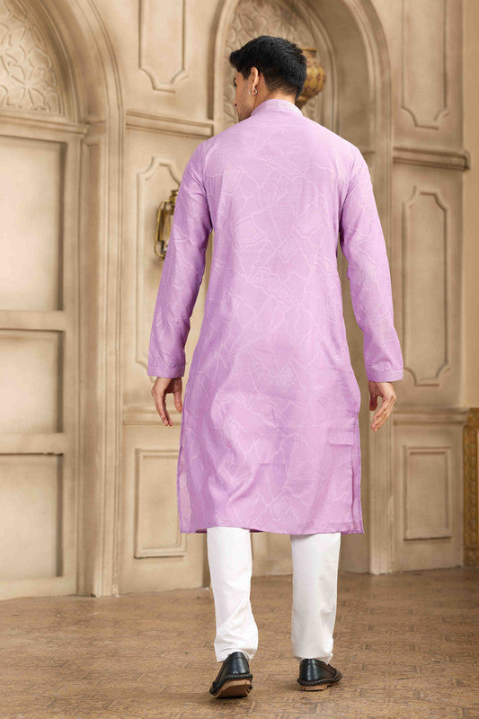 Men's Purple Brocade Art Silk Pintux Work Collar Neck Pajama Set