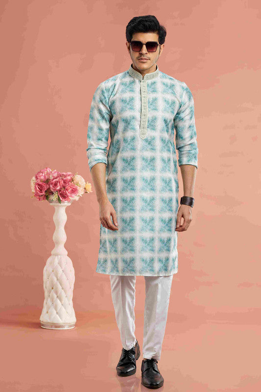 Men's Teal Green Cotton Thread Work Collar Neck Pajama Set