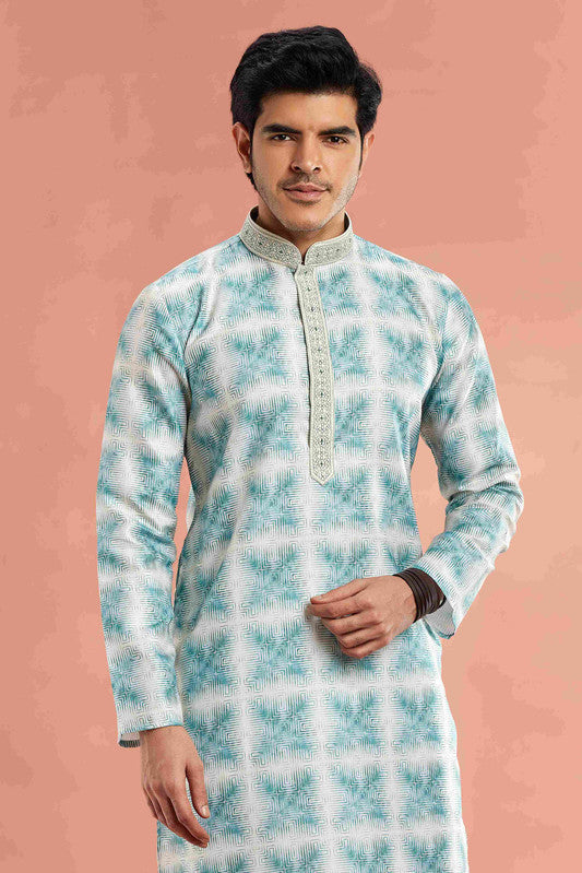 Men's Teal Green Cotton Thread Work Collar Neck Pajama Set