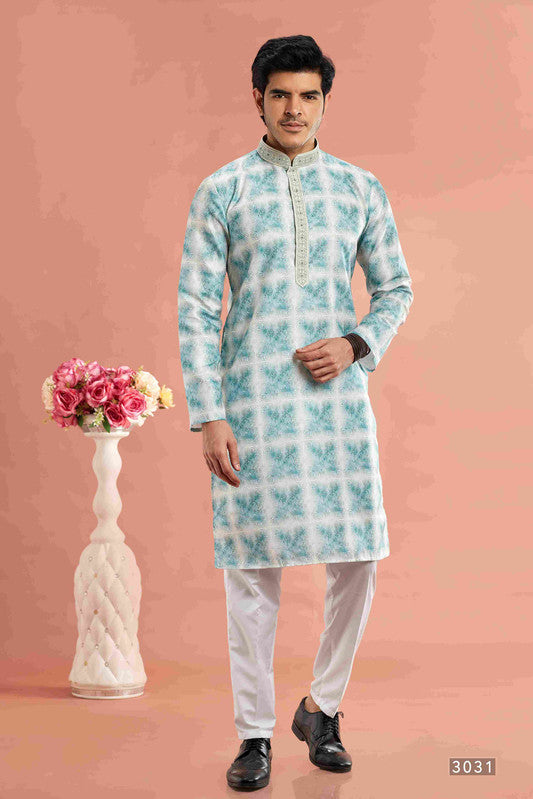 Men's Teal Green Cotton Thread Work Collar Neck Pajama Set