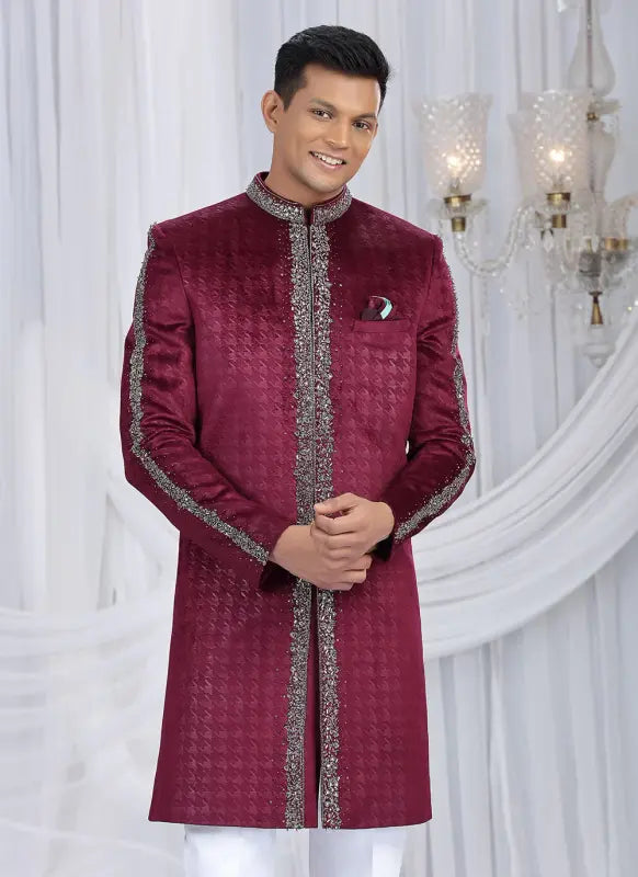 Men's Embosed Velvet Embroidery Work Sherwani Set In Wine Color